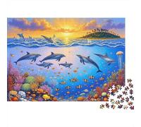 Rompecabezas de 1000 Piezas Aventura en el mar con Delfines: Delfines Nadando al Amanecer para Adultos. Juego Educativo. Hermosa decoración. Difícil y desafiante. 70x50cm.