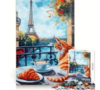 Rompecabezas de 1000 Piezas Balcón Parisino con Gato y Croissant para Adultos Juego para ejercitar la Mente y relajarla Bordes Afilados Regalo Premium (38x26cm)