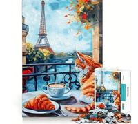 Rompecabezas de 1000 Piezas Balcón Parisino con Gato y Croissant para Adultos Juego para ejercitar la Mente y relajarla Bordes Afilados Regalo Premium (38x26cm)