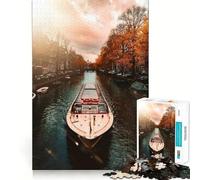 Rompecabezas de 1000 Piezas Barco de Canal en Ámsterdam,otoño Corte preciso Decoración Estimula la lógica y el Pensamiento Juego Relajante (38x52cm)