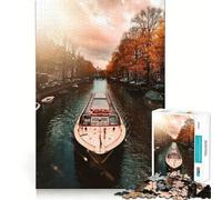 Rompecabezas de 1000 Piezas Barco de Canal en Ámsterdam,otoño,Juego de Bordes, Juego cognitivo,Juego Lento,diversión,decoración navideña (50x75cm)