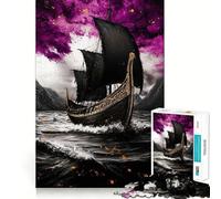 Rompecabezas de 1000 Piezas Barco Vikingo Negro en mar tempestuoso Piezas de Ajuste preciso Juguete Creativo y Divertido Momentos de diversión acogedores Regalo de cumpleaños 50x75cm