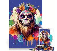 Rompecabezas de 1000 Piezas Bigfoot Calavera de azúcar Día de los Muertos Clean Fit Decoración Actividad Mental Inteligente Tiempo de Juego Acogedor Regalo Navideño Divertido (38x52cm)