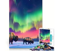 Rompecabezas de 1000 Piezas Bisonte Aurora Boreal Juego de Borde Juego de Habilidades Cerebrales Juego Lento Divertido Regalo de Cumpleaños para la Mente (38x52cm)