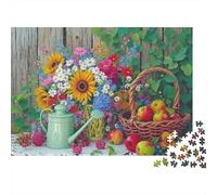Rompecabezas de 1000 Piezas Bodegón de jardín de Verano: Girasoles, Cesta de jardín, Manzanas para Adultos. Juegos educativos, decoración del hogar, Regalos de cumpleaños. 52 x 38 cm