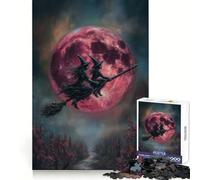 Rompecabezas de 1000 Piezas Brujas Volando en Escoba con Luna roja para Adolescentes Pensamiento Claro, interacción fluida, Encaje Firme, Bonito Regalo (38x52cm)