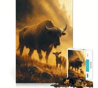 Rompecabezas de 1000 Piezas Búfalo y Ternero en luz Dorada,Corte Premium,Juguete para ejercitar la Mente,Momento de Paz,diversión,Regalo de cumpleaños (38x52cm)