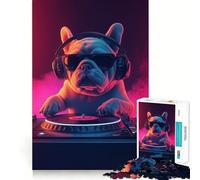 Rompecabezas de 1000 Piezas Bulldog DJ Frenchie Música Meme Corte Limpio Decoración Juego Mental Regalo Tiempo de Juego Relajante Actividad de cumpleaños (38x26cm)