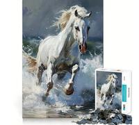 Rompecabezas de 1000 Piezas Caballo Blanco Corriendo Entre Las Olas para Adultos Divertido Juego de Memoria Componentes Resistentes y de Corte Limpio aliviar el estrés (50x75cm)