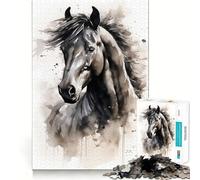 Rompecabezas de 1000 Piezas,Caballo Negro,Acuarela,decoración de Encaje Perfecto,Regalo para ejercitar la Mente,Juego de Paz,Pieza de Arte navideña 50x75cm