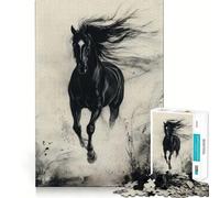 Rompecabezas de 1000 Piezas Caballo Negro al Galope,Pintura a la Tinta,diversión para Todos los Gustos,Juego Que estimula la Mente,Tiempo de Juego Tranquilo, 38x52cm