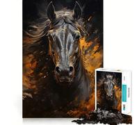Rompecabezas de 1000 Piezas Caballo Negro Pintura Dorada Arte de Corte Preciso,Juguete de Desafío Mental,Juego Fácil de Jugar,Regalo de Cumpleaños para Mentalidad 38x26cm