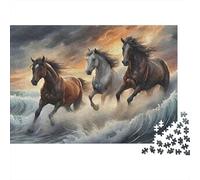 Rompecabezas de 1000 Piezas Caballos Corriendo en el mar Tres Caballos Corriendo Entre Las Nubes Juegos educativos para Adultos Hermoso Decorativo cumpleaños 52x38cm