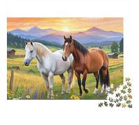 Rompecabezas de 1000 Piezas Caballos en un Campo al Atardecer Dos Caballos en un Prado al Atardecer para Adultos Juegos educativos Hermoso de decoración Cumpleaños 70x50cm Regalos