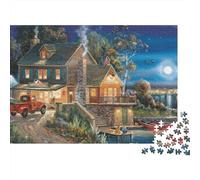 Rompecabezas de 1000 Piezas Cabaña acogedora Junto al Lago - Aldea de cabaña Nocturna - Juegos educativos para Adultos - Decoración del hogar - Difícil - Reto - de cumpleaños - 70x50cm/1000 Piezas