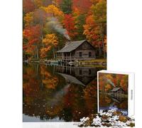 Rompecabezas de 1000 Piezas Cabaña de otoño Junto al Reflejo del Lago Juego Imposible Actividades Familiares Juguete Educativo cumpleaños y Navidad (38x26cm)