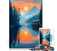 Rompecabezas de 1000 Piezas Cabaña Junto al Lago al Atardecer Flawless Fit Art Juego para estimular el Cerebro Tiempo de Descanso Juego Arte de Pared navideño (38x26cm)