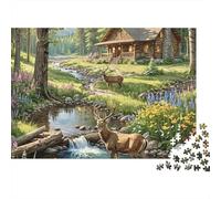 Rompecabezas de 1000 Piezas Cabaña rústica con diseño de cabaña en el Bosque y Ciervos. Ideal para Juegos educativos para Adultos. Un Hermoso desafío Decorativo. Alta dificultad. 52 x 38 cm