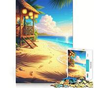 Rompecabezas de 1000 Piezas Cabaña Tropical en la Playa al Atardecer, Estilo Chibi, Ajuste, Arte, estimulación Cerebral, Juego, Tiempo de Descanso, Juego, Arte de Pared navideño (50x75cm)