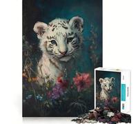 Rompecabezas de 1000 Piezas Cachorro de Tigre Blanco Entre Flores Juego para Adultos Que estimula la Mente Corte láser para un Ajuste Actividad gratificante para días lluviosos (50x75cm)