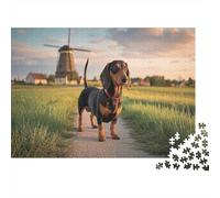 Rompecabezas de 1000 Piezas: Cachorro Salchicha Caminando Junto a un Molino de Viento. Juego Educativo para Adultos. Decoración del hogar. Desafío dePara niños y niñas. 70x50cm.