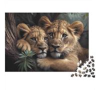 Rompecabezas de 1000 Piezas: Cachorros de león descansando. Primer Plano de león y Cachorro. Juegos educativos para Adultos. Hermoso desafío Decorativo. Alta dificultad. 38 x 26 cm