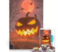 Rompecabezas de 1000 Piezas Calabaza de Halloween en un Cementerio con Luna roja, Juego Familiar, Montaje de Patrones, con Piezas de Formas aleatorias Que encajan Perfectamente 38x26cm
