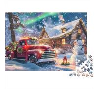 Rompecabezas de 1000 Piezas: Camión navideño en la Nieve. Camión Rojo en un Pueblo nevado de Noche. Juegos educativos para Adultos. Hermoso desafío de decoración. cumpleaños 38 x 26 cm.