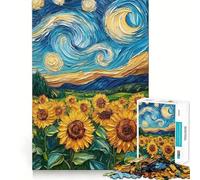 Rompecabezas de 1000 Piezas Campo de Girasoles bajo una Noche Estrellada para Adolescentes Juguete para aliviar el estrés Diseño artístico y fácil de Cortar 50x75cm
