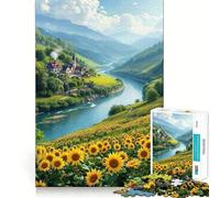 Rompecabezas de 1000 Piezas Campo de Girasoles Junto al río y Pueblo para Adolescentes Juguete Educativo y Divertido Diseño Compacto 38x26cm
