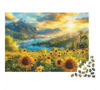 Rompecabezas de 1000 Piezas Campo de Girasoles, Lago, Paisaje de montaña, Girasoles y Amanecer, para Adultos. Juegos educativos. Hermosa decoración. Difícil. Regalos de cumpleaños. 52 x 38 cm