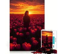 Rompecabezas de 1000 Piezas Campo de Tulipanes al Atardecer con una Mujer Juguete artístico desafía la Mente Juego Divertido para el Tiempo Libre Regalo Ideal para cumpleaños