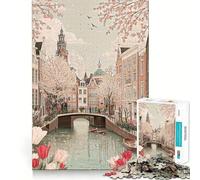 Rompecabezas de 1000 Piezas Canal de Ámsterdam en Primavera con Tulipanes para Adultos Juego Divertido y Relajante Corte láser Ejercicio Mental para Disfrutar en casa (38x52cm)