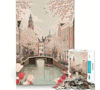 Rompecabezas de 1000 Piezas Canal de Ámsterdam en Primavera con Tulipanes para Adultos Mejora la Capacidad Mental Juego con Corte láser para un Ajuste Diversión Familiar Nocturna (38x26cm)