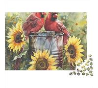 Rompecabezas de 1000 Piezas Cardenales y Girasoles con pájaros Rojos sobre Girasoles. Juego Educativo para Adultos. Decoración del hogar. Difícil y desafiante. 52 x 38 cm.