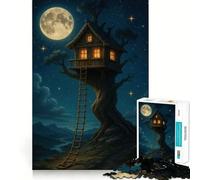 Rompecabezas de 1000 Piezas Casa del árbol caprichosa bajo la Luna Llena para Adolescentes Diversión tamaño Uniforme Piezas precisas Actividad Relajante para Grupos en Interiores (38x52cm)