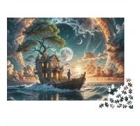 Rompecabezas de 1000 Piezas Casa Flotante de fantasía, diseño de Barco en un árbol bajo la luz de la Luna en el océano. Ideal Juegos educativos Adultos. Hermosa decoración. desafiante.70x50cm.