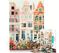 Rompecabezas de 1000 Piezas Casas de Ámsterdam y Arte en Bicicleta Decoración Limpia y Funcional Juego de Habilidad Mental Momento Acogedor para Jugar Decoración navideña para la Pared (38x52cm)
