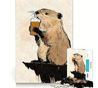 Rompecabezas de 1000 Piezas Castor Bebiendo Cerveza,técnica Sumi-e,Corte sin Costuras,Juego Mental,Regalo,Juego Casual,decoración navideña para el hogar (38x52cm)