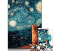 Rompecabezas de 1000 Piezas Cat of The Night Sky de Van Gogh para Adultos y Adolescentes Ayuda a ejercitar el Cerebro Juguetes adictivos para Cultivar la Paciencia Ideal para Parejas 38x26cm