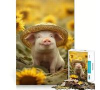 Rompecabezas de 1000 Piezas Cerdito en un Campo de Girasoles con Sombrero para Adolescentes Juguete de lógica Fuerte Juego de Escape Tranquilo Bordes Transparentes Regalo de cumpleaños (50x75cm)