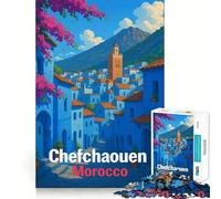 Rompecabezas de 1000 Piezas Chefchaouen,Marruecos ︰ Paisaje Urbano Azul Arte Entrenamiento Mental Diversión Tiempo de Descanso Juego Tranquilo (38x26cm)