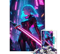 Rompecabezas de 1000 Piezas Chica Anime Cyberpunk con Espada de neón Difícil y desafiante Mejora la Memoria Juguetes de decoración para el hogar para Mayores de 14 años 38x52cm