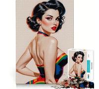 Rompecabezas de 1000 Piezas,Chica Morena Pin-up arcoíris,Borde, Juego cognitivo,Juego Lento,Divertido,decoración navideña (38x26cm)