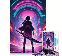 Rompecabezas de 1000 Piezas: Chica samurái neón sosteniendo una Espada en un Paisaje Urbano Ideal para Adolescentes Rompecabezas Mental, Entretenimiento, Arte, ensamblaje y Coleccionable (38x26cm)