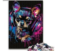 Rompecabezas de 1000 Piezas Chihuahua DJ Neon de Madera, Divertido Juego de ingenio para Adolescentes, Fiestas, 50x75cm
