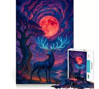 Rompecabezas de 1000 Piezas Ciervo místico bajo una Luna roja para Adultos Juguete para concentrarse y ejercitar la Mente Divertido y silencioso Bordes Ajustados Artículo de Santa Claus (38x26cm)