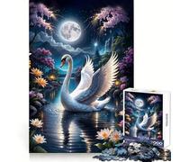 Rompecabezas de 1000 Piezas Cisne en el Lago Mágico bajo la Luna Llena para Adultos Juguete de lógica Fuerte Alivia la ansiedad Bordes Transparentes Regalo Ideal para Festivales 50x75cm