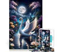 Rompecabezas de 1000 Piezas Cisne en el Lago mágico bajo la Luna Llena para Adultos Rompecabezas de Memoria Disfrute del Montaje Lento de la Imagen Regalo Creativo 38x26cm