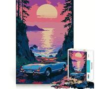 Rompecabezas de 1000 Piezas Coche descapotable Azul Junto a la Costa al Atardecer Corte Impecable Divertido Juguete para estimular la Mente,Ideal para el Tiempo Libre 38x26cm